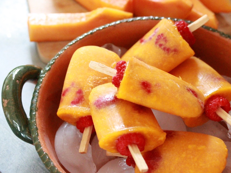 Mango-Papaya Paletas with a Raspberry Twist