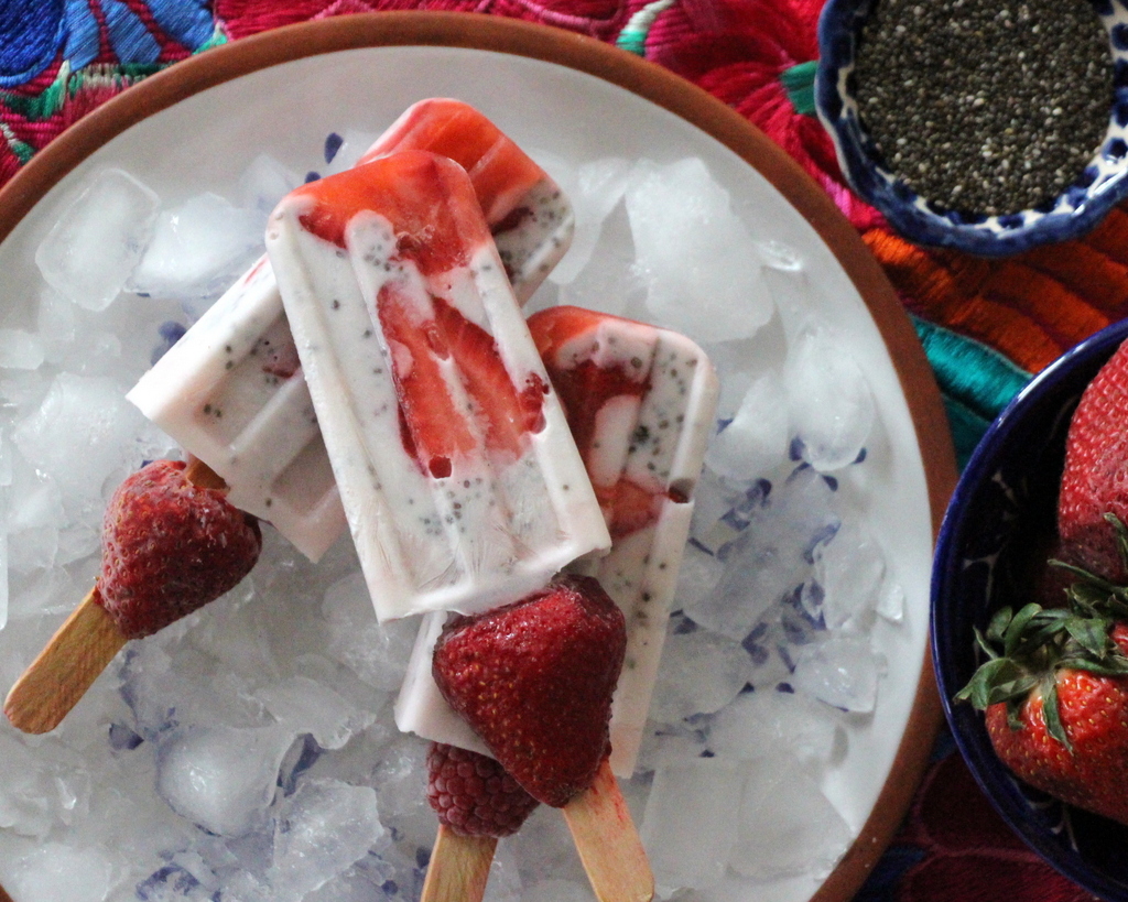 Strawberry and Vanilla Cream Paletas with Chia