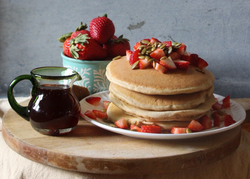 Whole Wheat Pancakes with Strawberry Piloncillo Syrup