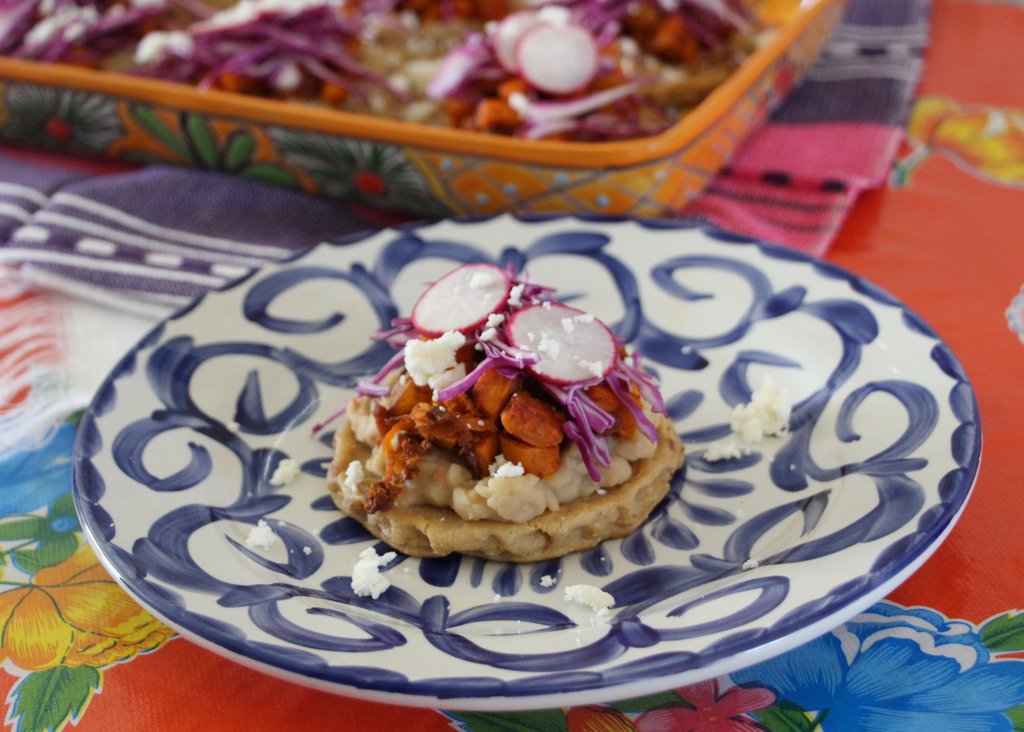 Vegetarian Breakfast Sopes with Sweet Potatoes, Soyrizo, and Beans