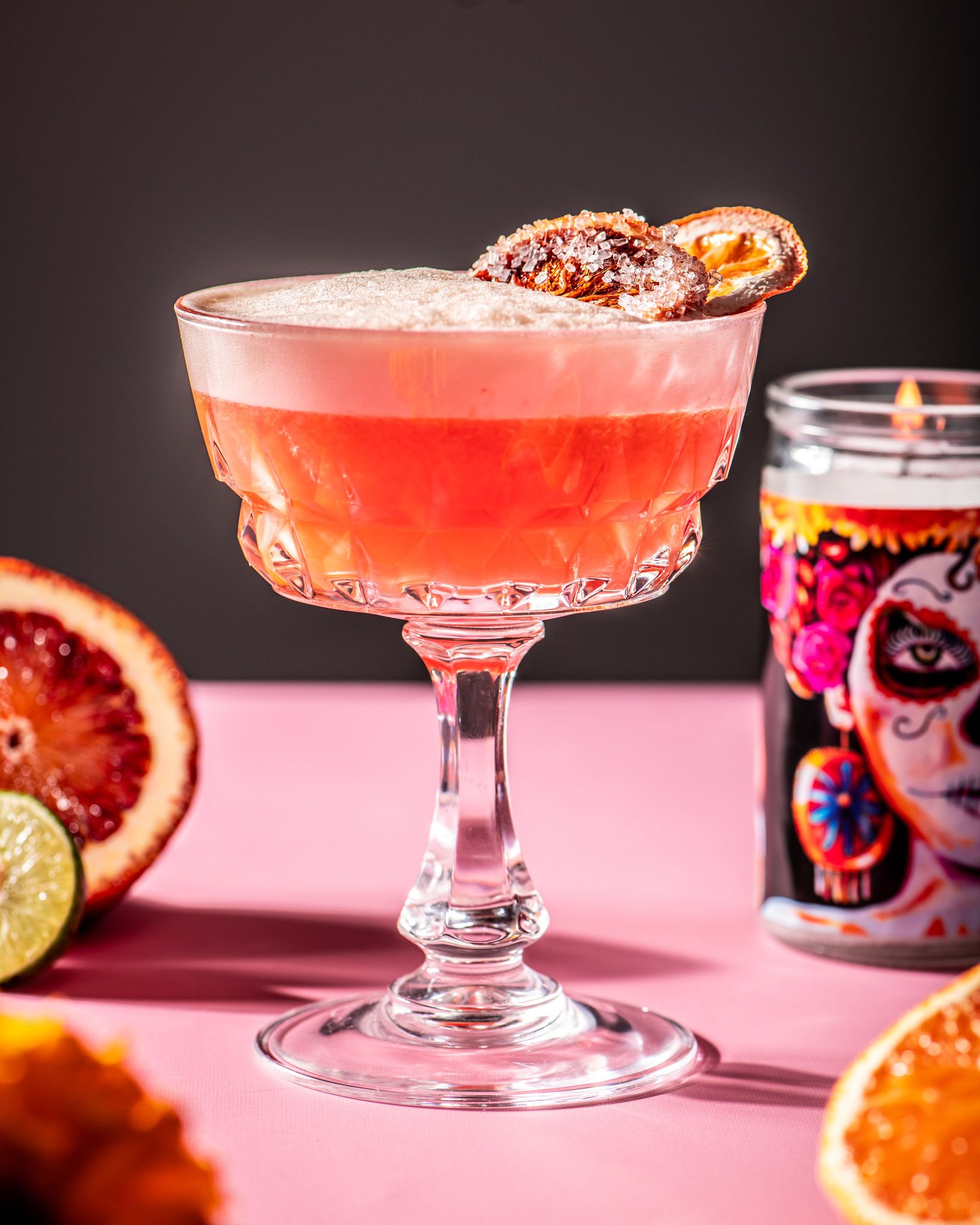 mezcal sour, day of the dead cocktail, drink food photography