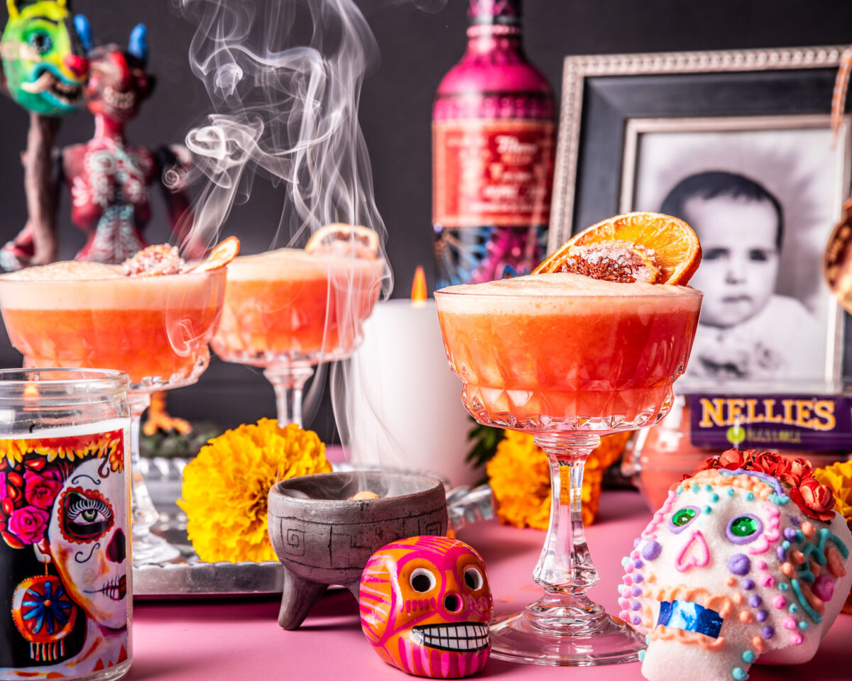 mezcal sour, day of the dead cocktail, drink food photography